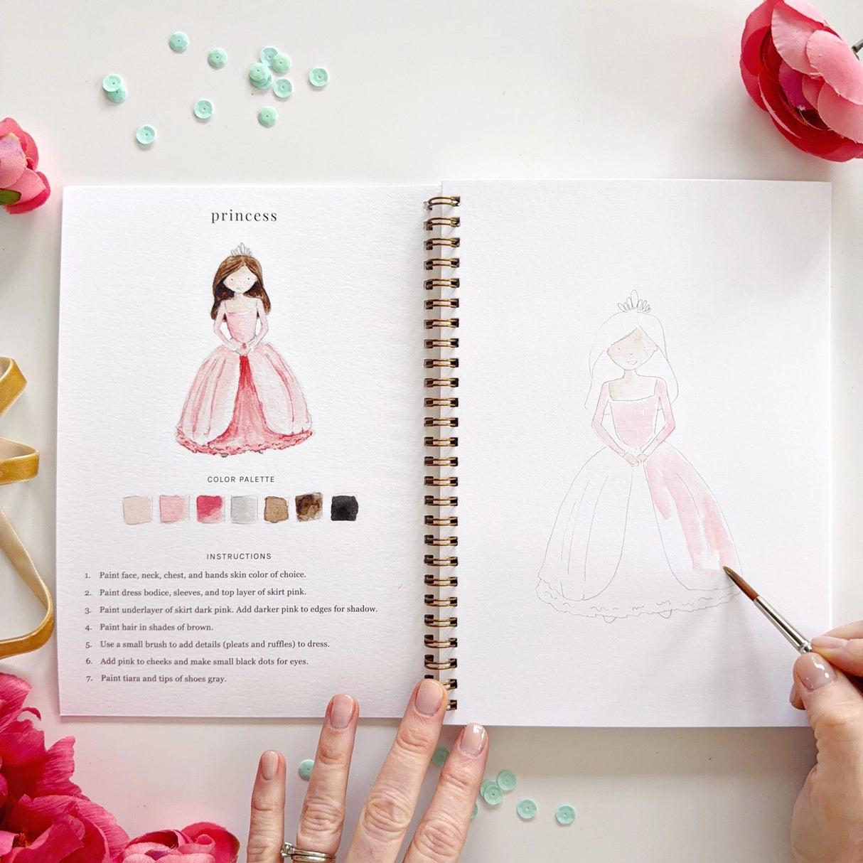 Twelve storybook illustrations — a princess, castle, dragon, mermaid, fairy, unicorn, and more — each pre-outlined with step-by-step instructions. Paintings take about thirty minutes from start to finish, making it a favorite for young painters and the grown-ups who paint alongside them.
12 beginner-friendly illustrations
Thick 120lb watercolor paper
Lay-flat pages with spiral binding for hassle-free painting and easy tear-out
Lightly outlined sketches to guide you
Easy to carry, travel-r