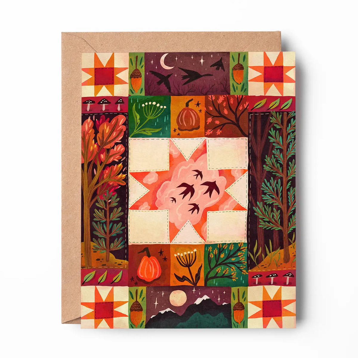 Cottagecore fall quilt greeting card featuring a pumpkins, autumn trees, foliage and birds. Perfect for the autumn season. All greeting cards are hand illustrated by me!
Printed on premium heavyweight matte cardstock, this A2 card is blank inside—ready for your handwritten notes.
Includes a kraft envelope