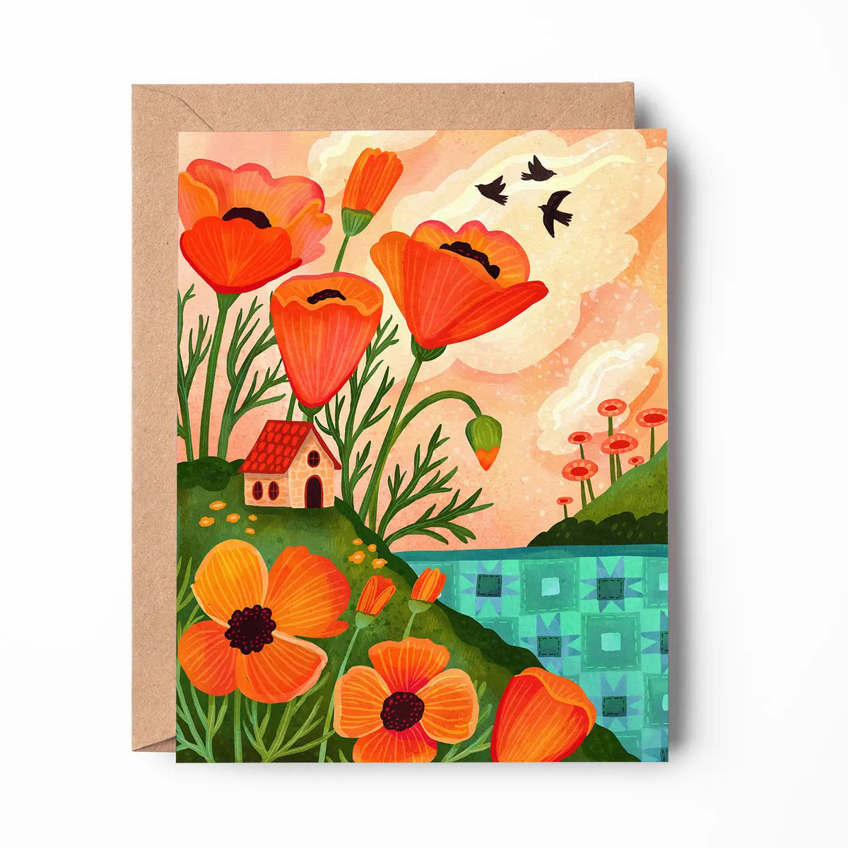 Emmylou Illustrations - Orange Poppy Cottage Greeting Card
Spring or Summer greeting card featuring colorful orange poppies, cozy cottage, and a quilted lake/ocean. Perfect for anniversaries, birthdays, Mother’s Day, housewarming, or just because! All greeting cards are hand illustrated by me!
Printed on premium heavyweight matte cardstock, this A2 card is blank inside—ready for your handwritten notes.
Includes a kraft envelope