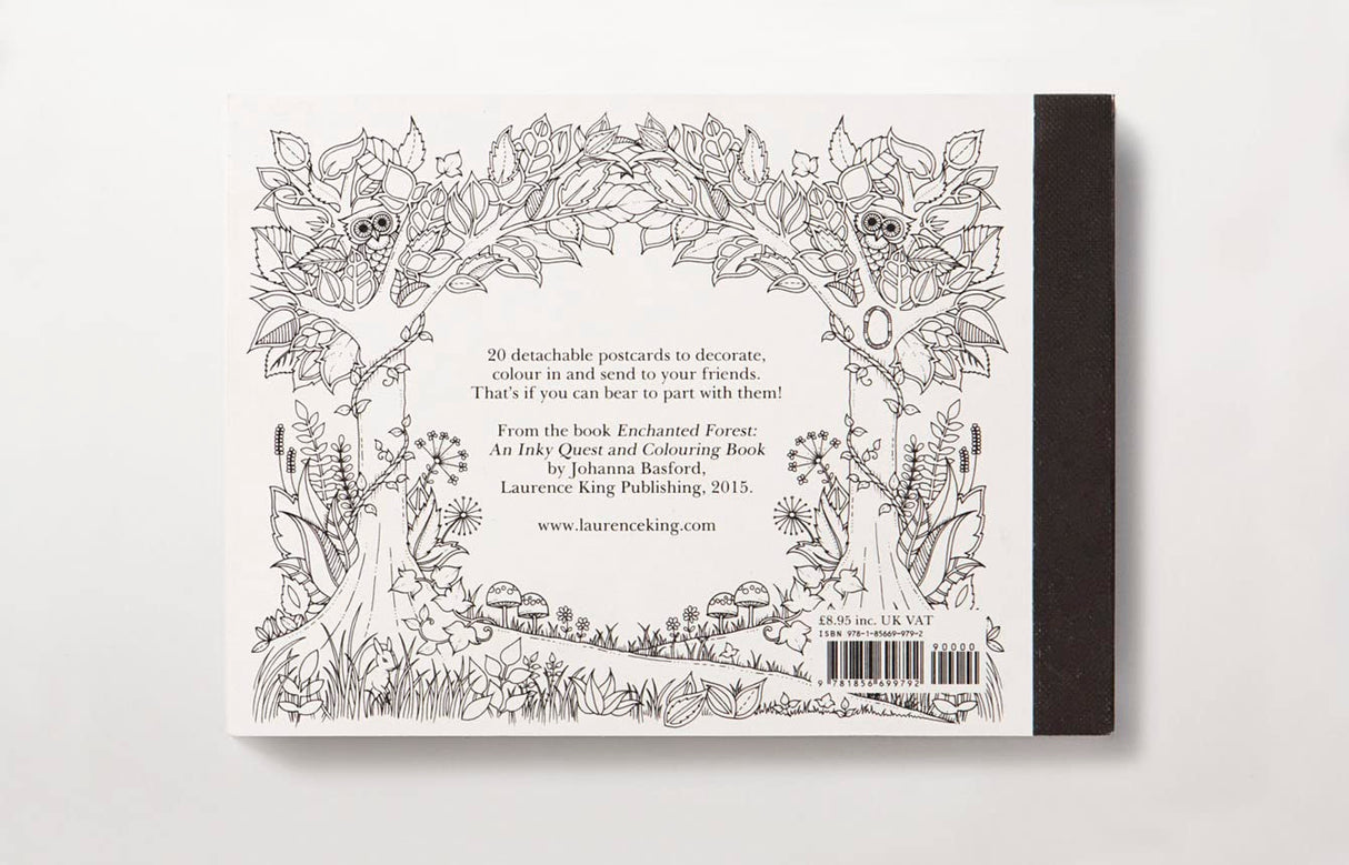 20 detachable postcards to decorate, color in, and send to your friends. That's if you can bear to part with them! From the book Enchanted Forest: An Inky Quest and Coloring Book by Johanna Basford, Laurence King Publishing, 2015.