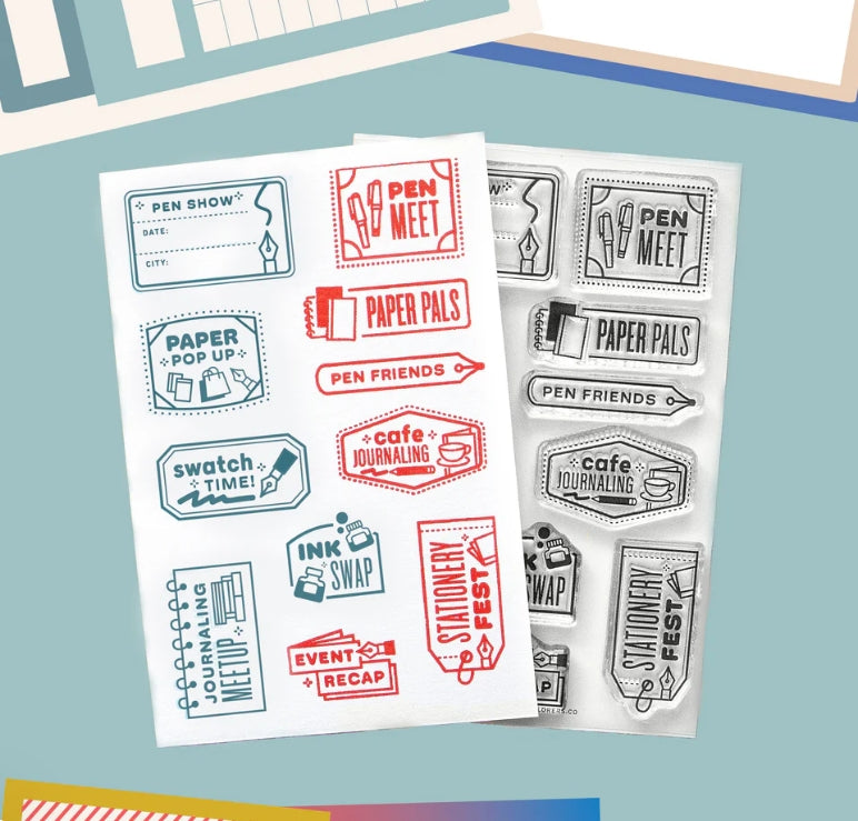 Stationery lovers, this one's for you! This is a stamp set that helps you document the meet-ups with paper & pen friends, the ink swatches and the people that make this hobby special.
Use this set for scrapbooking, Project Life, planners, travel journals and bullet journals! 4x6 clear stamp set, includes 11 stamps.
