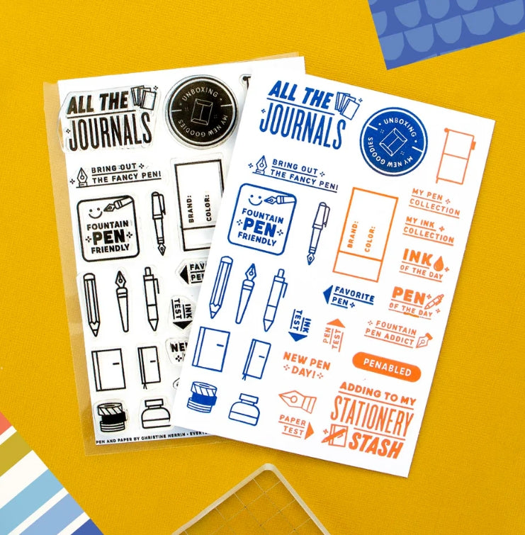 Stationery hoarders rejoice — here’s a set that celebrates our (endless) love for journals, fountain pens, and paper! Use this set to create swatch tests of your favorite inks and pens, or document your latest online shopping haul!
Use this set for scrapbooking, Project Life, planners, travel journals, and bullet journals! 4x6 clear stamp set, includes 27 stamps.