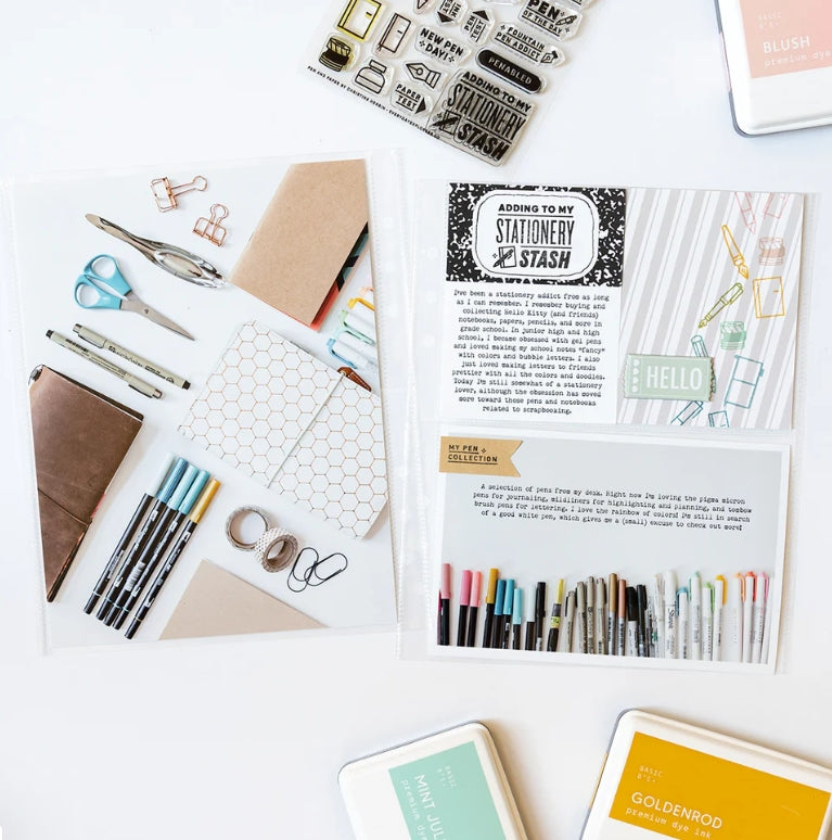 Stationery hoarders rejoice — here’s a set that celebrates our (endless) love for journals, fountain pens, and paper! Use this set to create swatch tests of your favorite inks and pens, or document your latest online shopping haul!
Use this set for scrapbooking, Project Life, planners, travel journals, and bullet journals! 4x6 clear stamp set, includes 27 stamps.