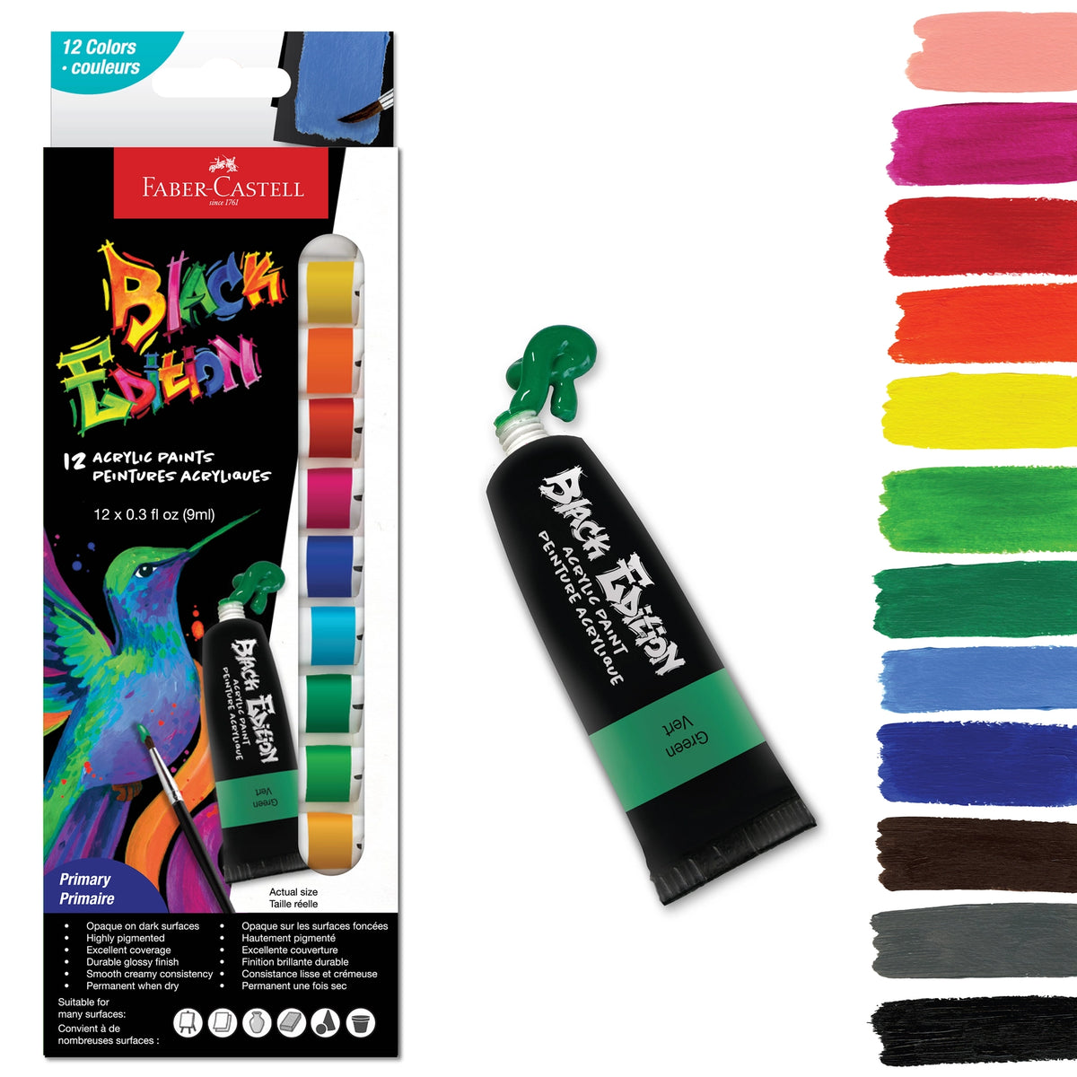 Faber-Castell Black Edition Acrylic Liquid Paint Tubes - Basic Colors
Acrylic paint set with 12 tubes of paint, each 03. fl oz (9ml) in size.