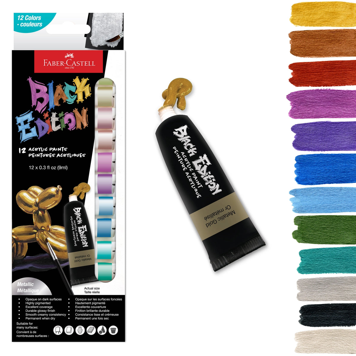 Faber-Castell Black Edition Acrylic Liquid Paint Tubes - Metallic
Acrylic paint set with 12 tubes of paint, each 03. fl oz (9ml) in size.