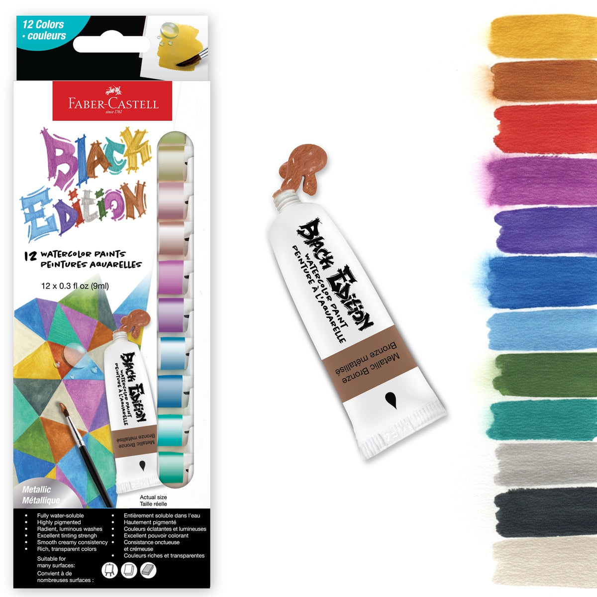 Faber-Castell Black Edition Watercolor Liquid Paint Tubes - Metallic
12 Count set of watercolor paint tubes, each 0.3 fl oz (9ml) in size for use on light colored papers.
