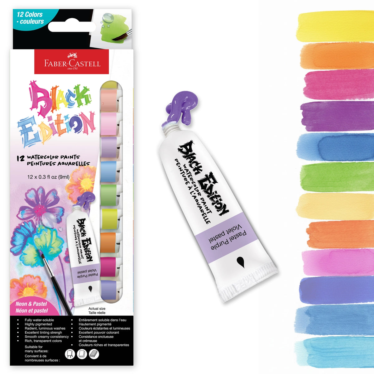 Faber-Castell Black Edition Watercolor Liquid Paint Tubes - Neon
12 Count set of watercolor paint tubes, each 0.3 fl oz (9ml) in size for use on light colored papers.