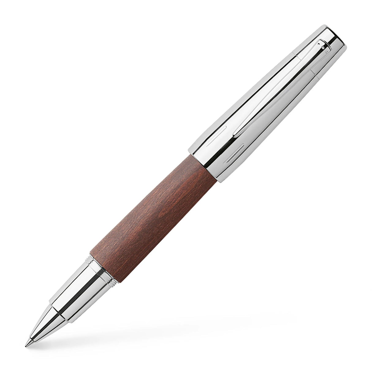 Chunky, almost cigar-shaped, the pen fits comfortably in the hand. The design combines outstanding writing comfort with sophisticated aesthetics.
Barrel made of pearwood, stained dark brown. The cap is highly polished chromed metal with a spring-loaded metal clip. It fastens on and off by a quick twist. With the conical shape of the barrel, the cap is not designed to post. Ceramic rollerball refill with fast-drying, black ink. Additional refills available separately.