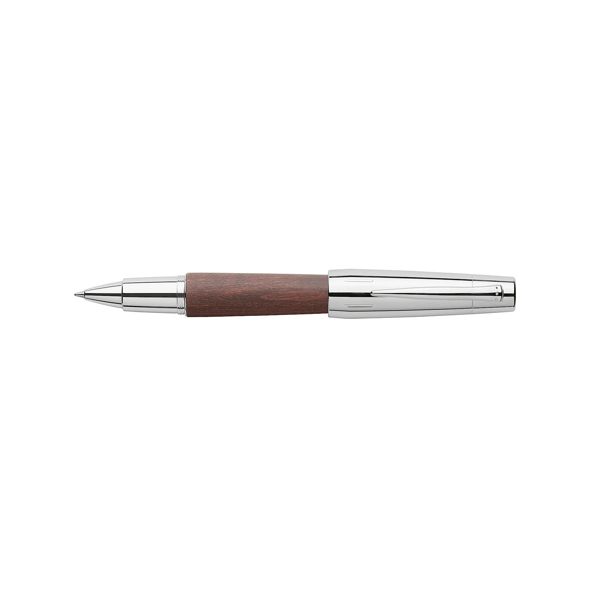Chunky, almost cigar-shaped, the pen fits comfortably in the hand. The design combines outstanding writing comfort with sophisticated aesthetics.
Barrel made of pearwood, stained dark brown. The cap is highly polished chromed metal with a spring-loaded metal clip. It fastens on and off by a quick twist. With the conical shape of the barrel, the cap is not designed to post. Ceramic rollerball refill with fast-drying, black ink. Additional refills available separately.