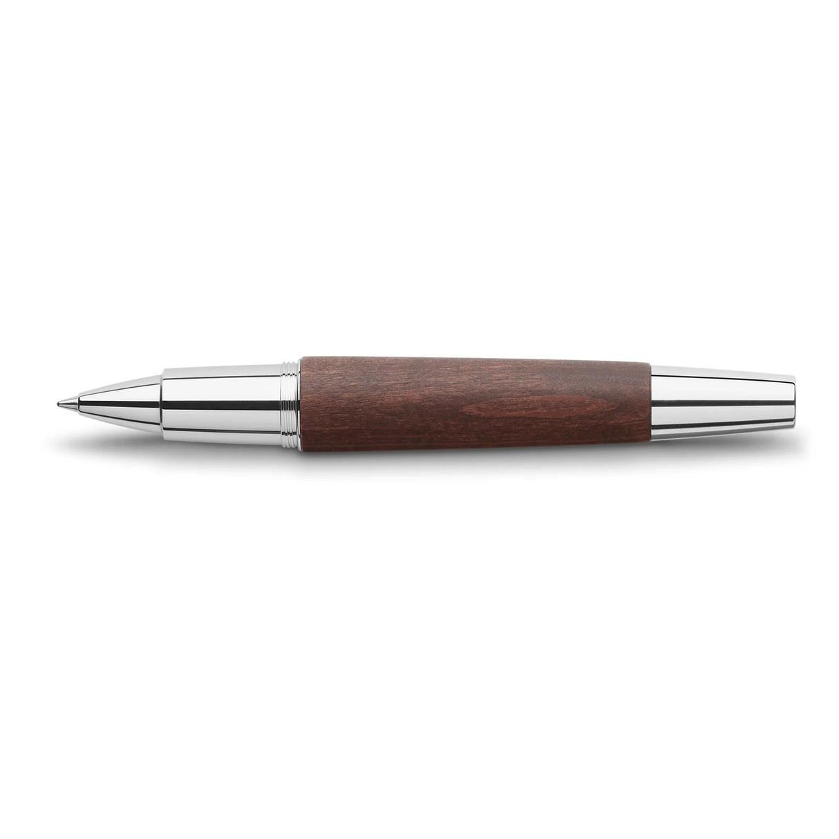 Chunky, almost cigar-shaped, the pen fits comfortably in the hand. The design combines outstanding writing comfort with sophisticated aesthetics.
Barrel made of pearwood, stained dark brown. The cap is highly polished chromed metal with a spring-loaded metal clip. It fastens on and off by a quick twist. With the conical shape of the barrel, the cap is not designed to post. Ceramic rollerball refill with fast-drying, black ink. Additional refills available separately.