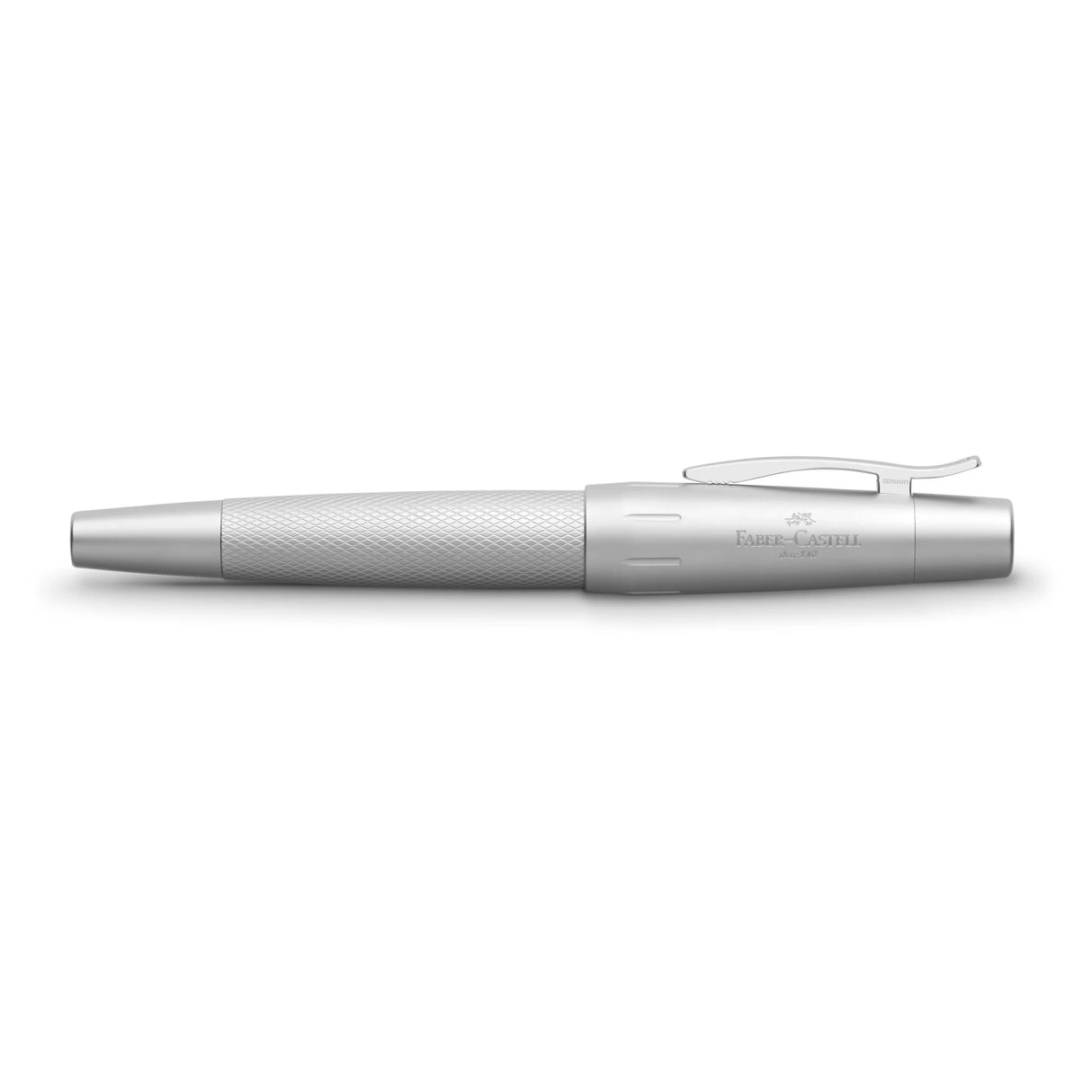 e-motion Pure Silver writing instruments captivate with their dynamic silhouette. With its reduced look and cool feel, e-motion Pure Silver proves its potential to become a timeless classic. Barrel made of chrome-plated metal in matte silver with elaborate guilloche engraving.
The cap is chrome-plated matte metal with a spring-loaded metal clip. It fastens on and off by a quick twist. With the conical shape of the barrel, the cap is not designed to post.
High-quality stainless steel nib.
Equipped