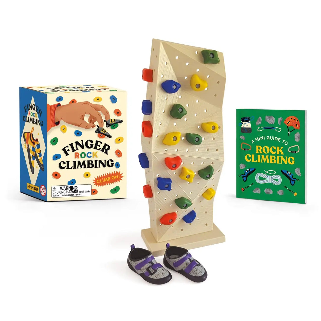 Put on your mini climbing shoes and get ready to practice your climbing skills anywhere you wish with your very own Finger Rock Climbing kit!
Specifications: A 6-1/2-inch rock climbing "wall" with base, 20 rearrangeable holds to create different paths, in four different colors, and one pair of rock climbing shoes for your fingers
Illustrated mini book: Includes a 32-page 2x3-inch miniature book with a brief history of the sport, along with common terminology, and basic do's and dont's.
A Unique Gift: Perf