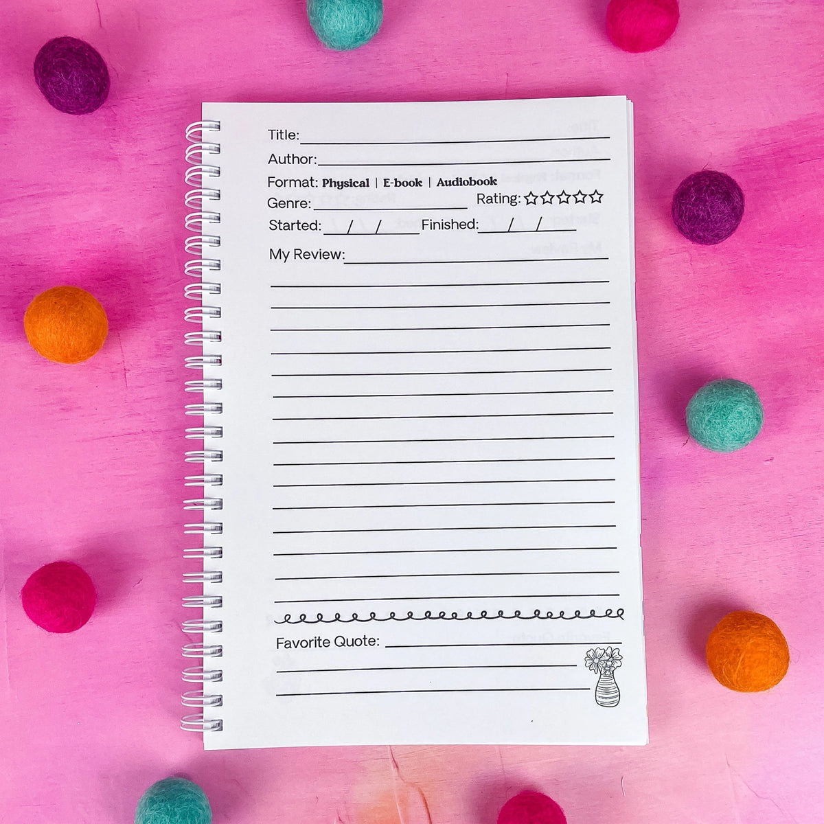Keep track of your book reviews with this cute book review journal. There are 100 pages for different book reviews. Each review page includes the Title, Author, Start and Finish Dates, Star Rating, Favorite Quote area and your Review!
*DETAILS*
Size: 6x9"
Paper: 80lb interior paper
Wire coil binding
Gloss laminate cover