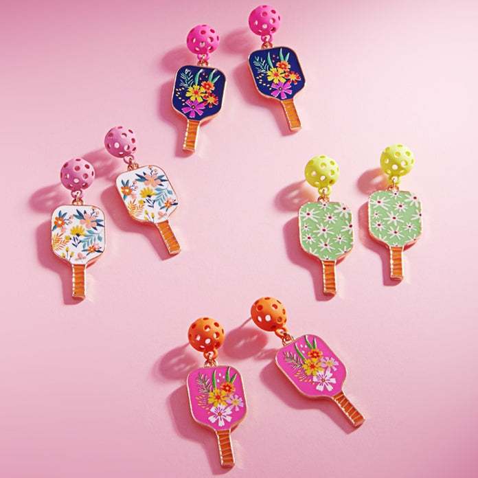 Flower-Designed Pickleball Pad Post Earrings