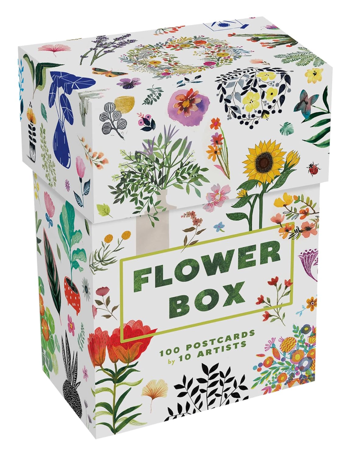 Flower Box celebrates flowers with 100 postcards by ten different artists
Sunflowers, roses, succulents, ferns, wildflowers, this rich bouquet of postcards features one hundred botanical postcards by ten celebrated artists from around the world: Sonia Cavallini, Nour Flayhan, Carolyn Gavin, Jen Hewett, Sam Kalda, Marc Martin, Angela McKay of Ohkii Studio, Clover Robin, Wies van der Velde of SowiesoWies, and Rose Wong. The colorful cards, in our popular postcard box format, are ideal for correspondenc