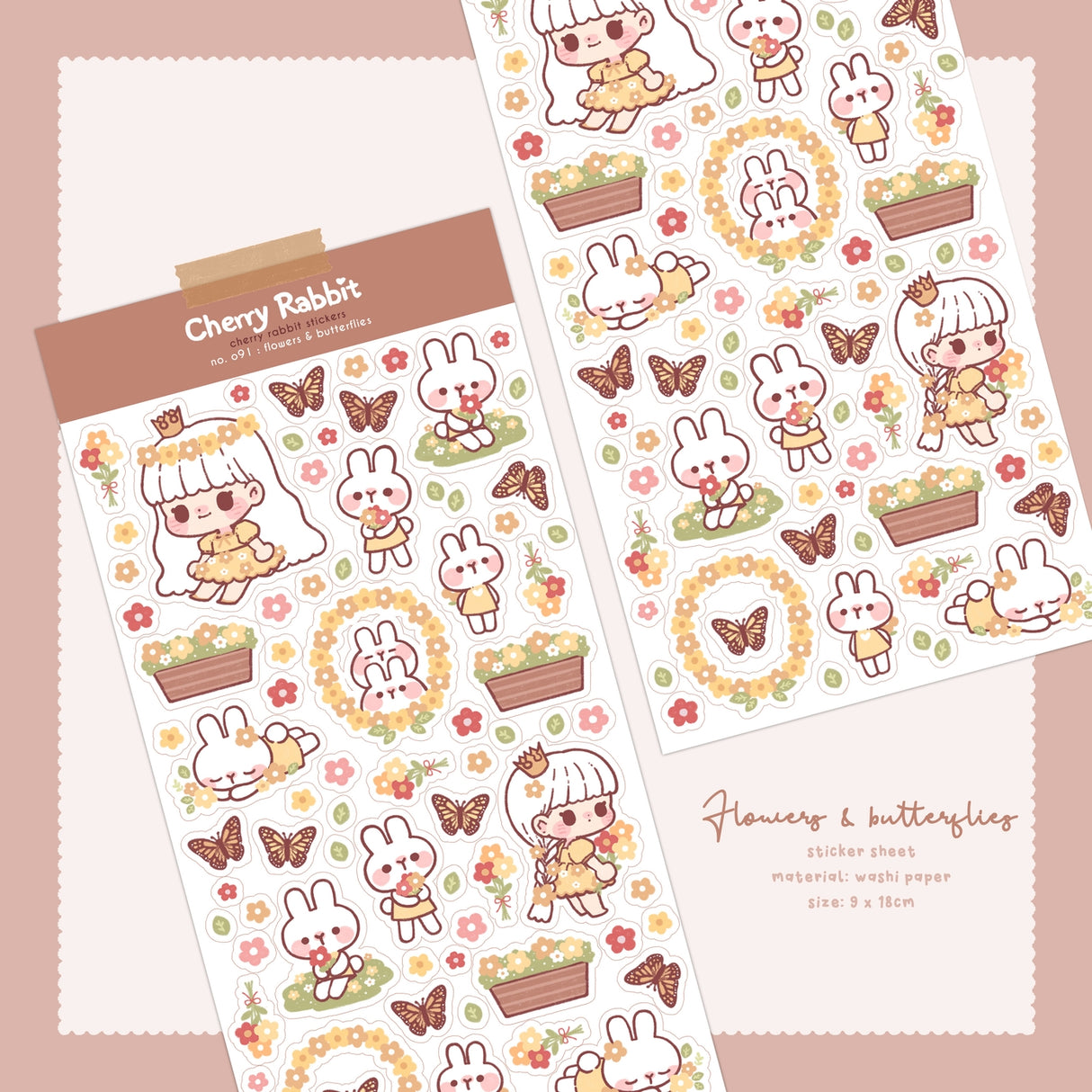 Cherry Rabbit Flowers & Butterflies Sticker Sheet