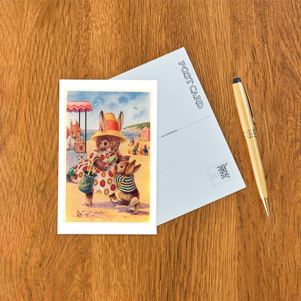 Elevate your inventory with this classic 3.5" x 5.5" postcard featuring an image from our By the Sea collection titled Bunny Family at Beach.