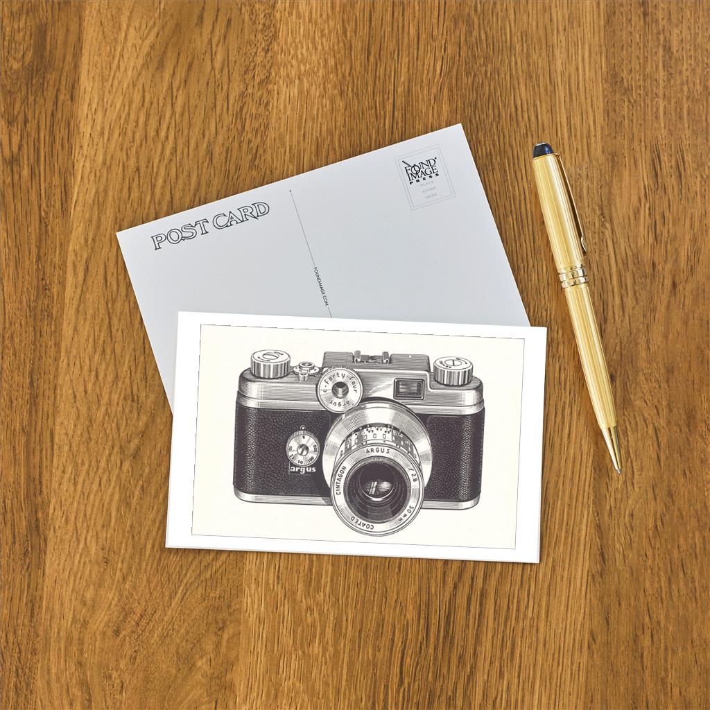 Elevate your inventory with this classic 3.5" x 5.5" postcard featuring an image from our Photography & Film Related collection titled Argus Camera.