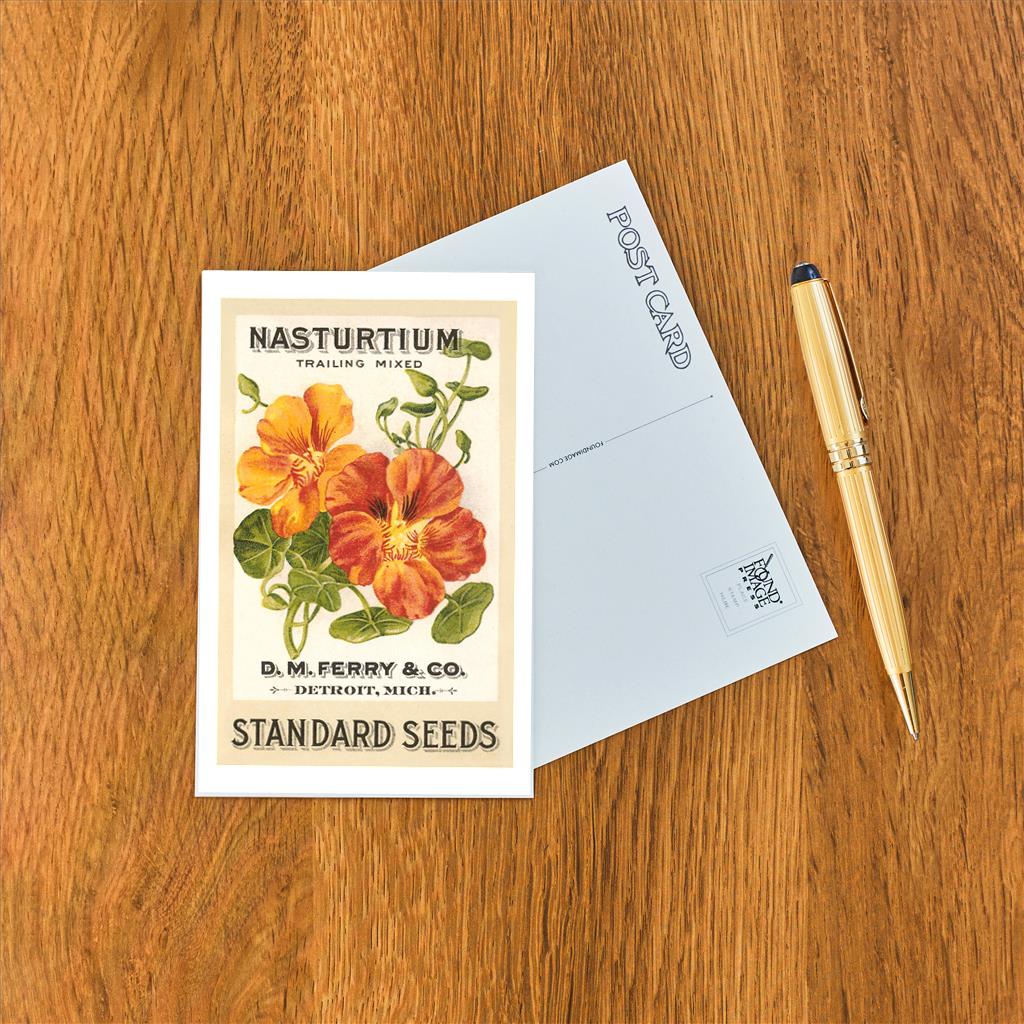 Elevate your inventory with this classic 3.5" x 5.5" postcard featuring an image from our Gardening collection titled Nasturtium Seed Packet.