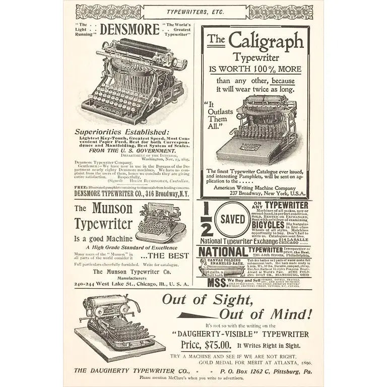 Found Image Press - Old Typewriter Advertisement Postcard
Elevate your inventory with this classic 3.5" x 5.5" postcard featuring an image from our American Commerce collection titled Old Typewriter Advertisement. It captures a nostalgic, vintage-inspired aesthetic that customers love. Perfect for adding a charming, retro flair to your repertoire.
• Size: 3.5" × 5.5"
• Made in USA using biodegradable, recycled, and recyclable materials