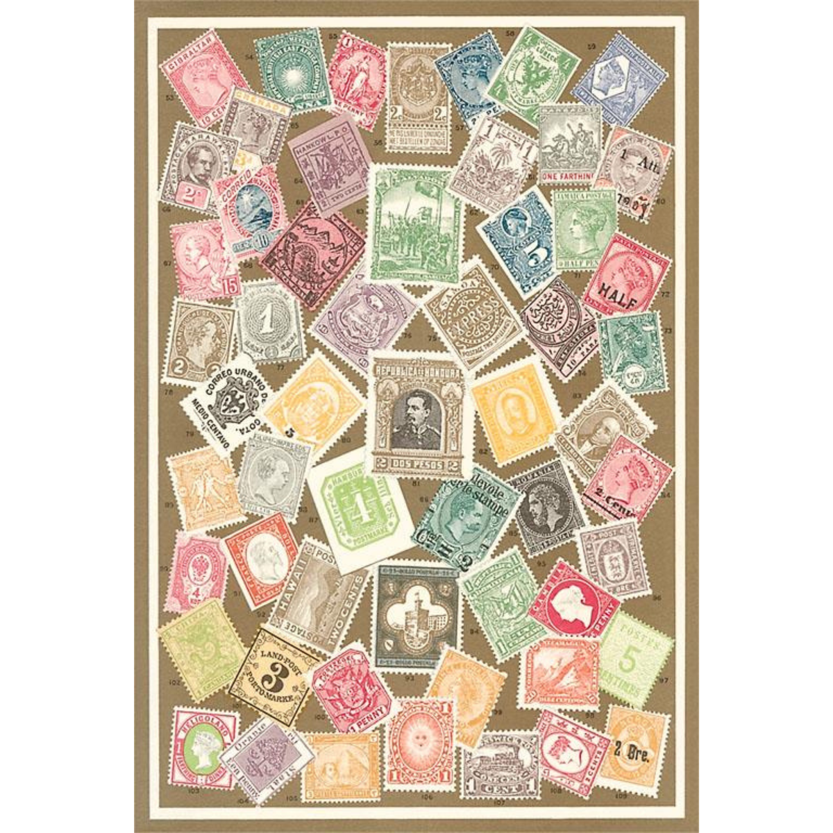 Elevate your inventory with this classic 3.5" x 5.5" postcard featuring an image from our Literature & Letters collection titled Stamps of the World.
