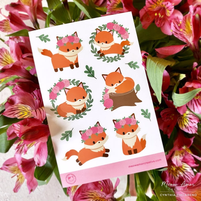 Hoja de calcomanías de vinilo de zorro en flor