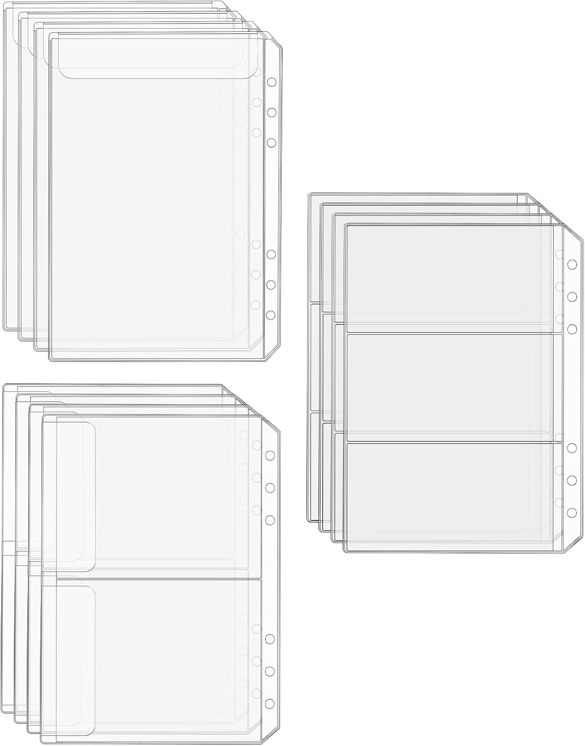 Frosted A6 Binder Sleeves
This set includes three functional styles—one pocket, two pockets, and three pockets per sleeve—giving you flexible storage for stickers, notes, receipts, journaling cards, and other planner essentials. Both the full‑page and two‑pocket sleeves feature protective flaps to prevent your items from slipping out. With five sleeves of each style, you’ll have plenty of options to customize your binder layout. 