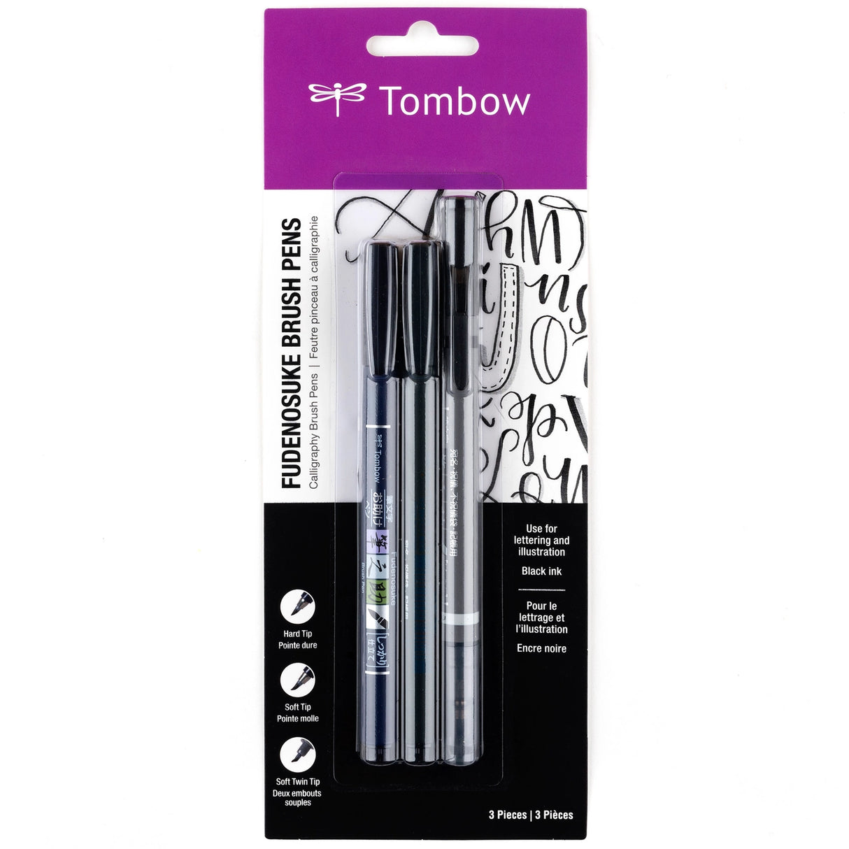 Contains the soft, hard tip and twin tip Fudenosuke Brush Pens.
Features a flexible brush tip for different lettering and drawing techniques. Create extra-fine, fine, or medium strokes by a change in brush pressure. Great for calligraphy and art drawings.
Soft tip, hard tip, and twin tip– water-based, pigmented black ink.
Odorless.
Non-refillable.
