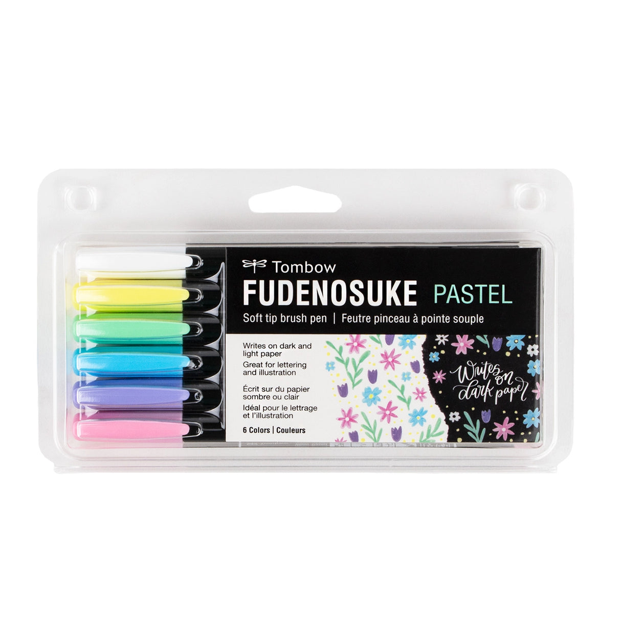 The first Fudenosuke Brush Pen that writes on dark paper!
Soft, flexible brush tip creates thick and thin lines by changing pen pressure. Water-based pigment ink appears as brilliant pastel colors on white paper and chalky pastels on dark paper. When using on dark paper, ink initially appears transparent and color intensifies as it dries.
For optimal opacity on dark paper, apply 2-3 layers to intensify saturation. The water-resistant ink won’t bleed through most papers.
Great for beginner brush calligrap