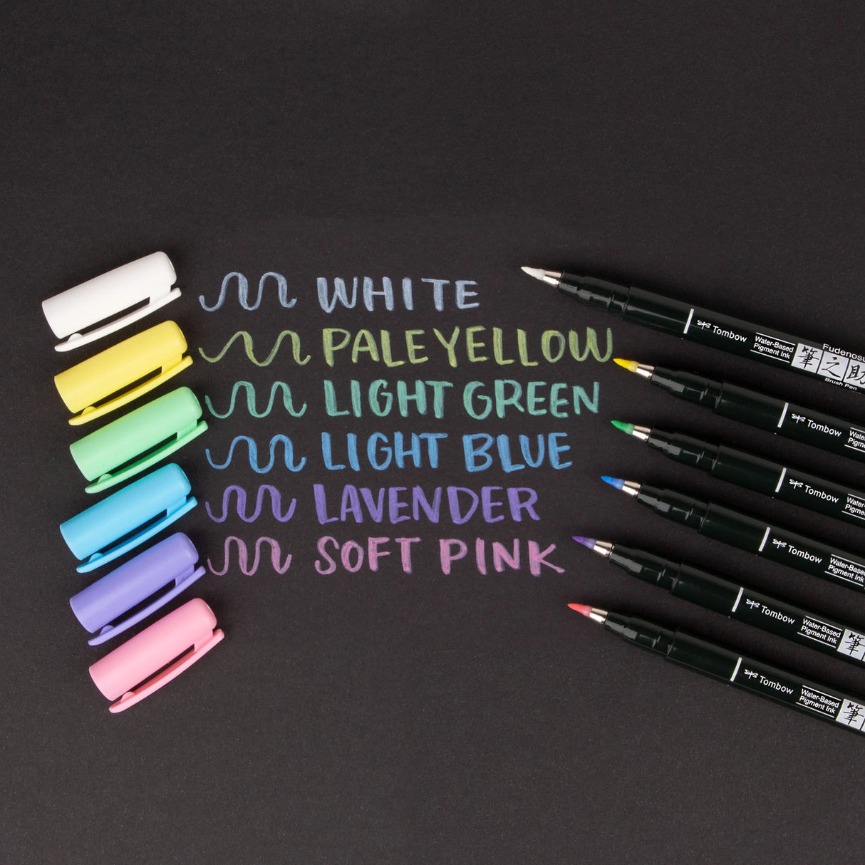 The first Fudenosuke Brush Pen that writes on dark paper!
Soft, flexible brush tip creates thick and thin lines by changing pen pressure. Water-based pigment ink appears as brilliant pastel colors on white paper and chalky pastels on dark paper. When using on dark paper, ink initially appears transparent and color intensifies as it dries.
For optimal opacity on dark paper, apply 2-3 layers to intensify saturation. The water-resistant ink won’t bleed through most papers.
Great for beginner brush calligrap
