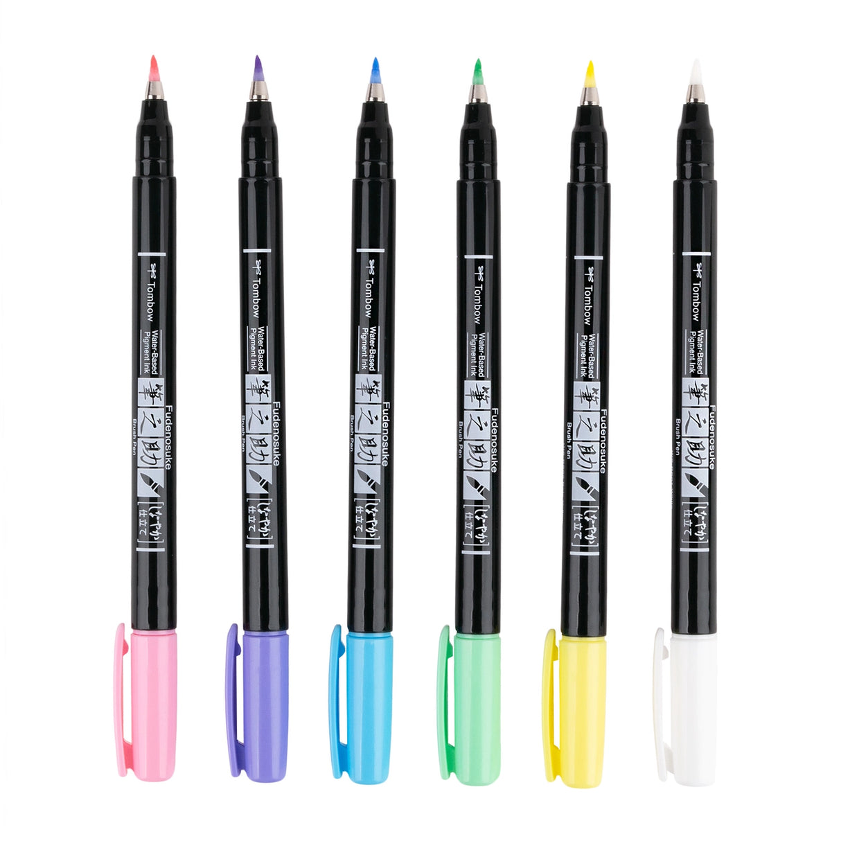 The first Fudenosuke Brush Pen that writes on dark paper!
Soft, flexible brush tip creates thick and thin lines by changing pen pressure. Water-based pigment ink appears as brilliant pastel colors on white paper and chalky pastels on dark paper. When using on dark paper, ink initially appears transparent and color intensifies as it dries.
For optimal opacity on dark paper, apply 2-3 layers to intensify saturation. The water-resistant ink won’t bleed through most papers.
Great for beginner brush calligrap