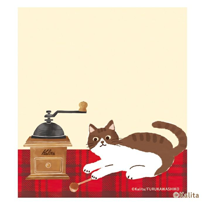 Furukawashiko x Kalinta Memo Pad - Black Coffee Cat playing with a coffee grinder on a plaid background, featuring the brand 'Kalita'.