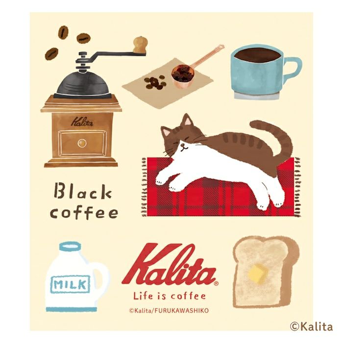 Furukawashiko x Kalinta Memo Pad - Black Coffee Illustration of a cat, coffee grinder, cup of coffee, milk bottle, and toast with 'Kalita' branding.