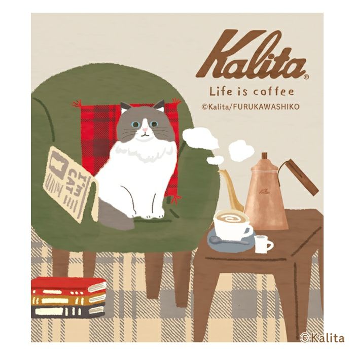 Furukawashiko x Kalinta Memo Pad - White Coffee Illustration of a cat on a green chair with coffee-making equipment and a cup of coffee, featuring the Kalita brand.