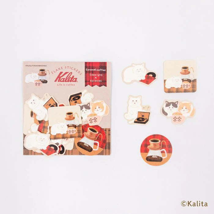 Inspired by the corporate philosophy of Kalita, a leading coffee equipment manufacturer— "A slightly better time, a perfectly timed moment"—
we’ve created the second edition of our original stationery to enjoy with your coffee.
These washi flake stickers are perfect for sealing letters or gifts, and for decorating planners. Each sticker has a slit on the back, making them easy to peel. The design features adorable combinations of Kalita’s coffee equipment and cute cats— a charming touch for any occas