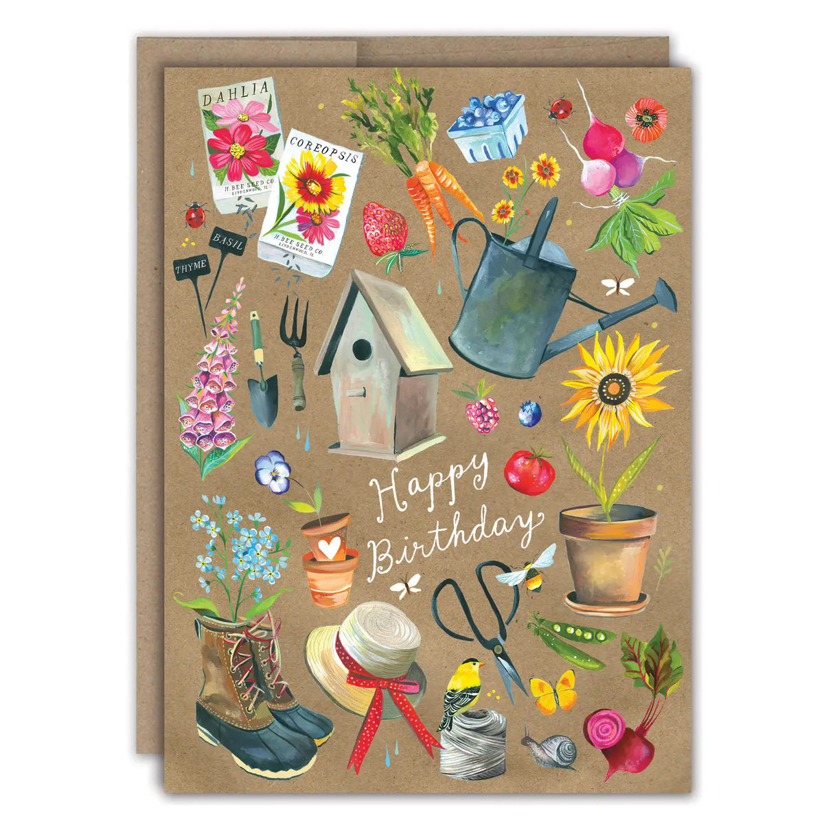 Gardener's Birthday Card
Inside verse: Sending you an abundance of wishes.
• Size: A6, 4.6" x 6.4"
• Illustrated by Katie Daisy
• Full-color inside
• Paired with a Brown Kraft envelope
• Printed in the USA on high-quality recycled post-consumer waste paper
About The Artist: Katie Daisy was raised by the birds and warm breezes of small-town Lindenwood, Illinois, brought up among the wildflowers with roots planted deeply in the natural world. She found her voice and honed her skills at the Minneapoli