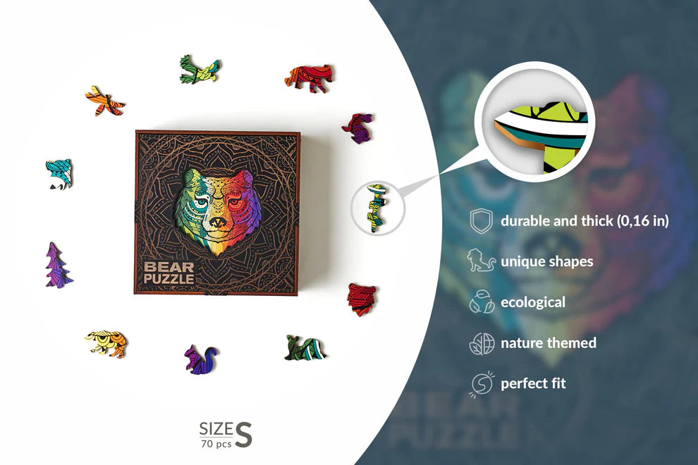 The Bear Shaped Jigsaw Pieces Wooden Puzzle is a unique and challenging puzzle that is perfect for people of all ages. The puzzle consists of 70 irregular wooden pieces that are shaped like a bear.