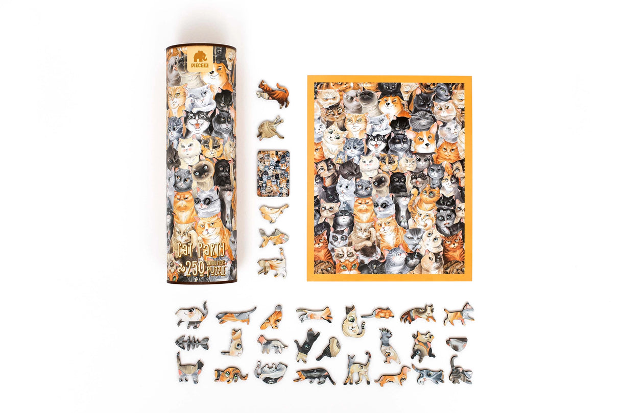 Get ready for a feline fiesta with our Cat Party Piecezz Wooden Puzzle. This charming wooden puzzle invites both kids and adults to join a whimsical gathering of cats, offering hours of delightful and entertaining play. Explore the details of this remarkable and cat-inspired puzzle that promises to bring joy and laughter to cat lovers of all ages.