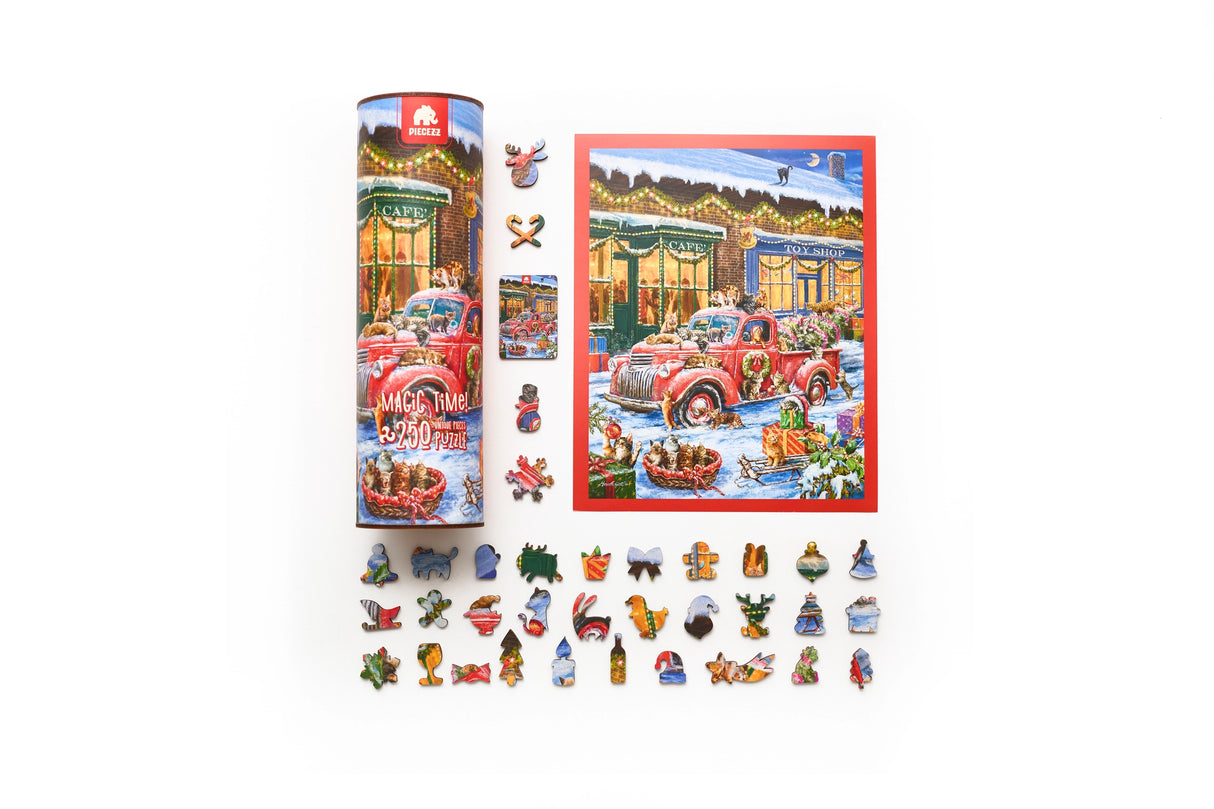 Christmas Puzzle - Magic Time Tube Puzzle: Crafted with precision, this puzzle is designed to capture the magic of Christmas. It features a delightful holiday scene that measures 10x13x2 inches. The puzzle contains 250 pieces, each thoughtfully designed to bring the festive spirit to life.