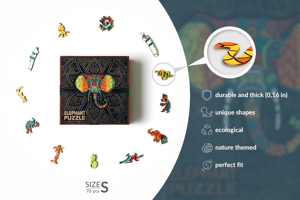 The Elephant Shaped Jigsaw Piecezz Wooden Puzzle is a unique and challenging puzzle that is sure to entertain people of all ages. The puzzle features 70 small, irregularly shaped pieces that are precision-cut from high-quality wood. The puzzle is shaped like an elephant, making it a fun and educational puzzle for children and adults alike.