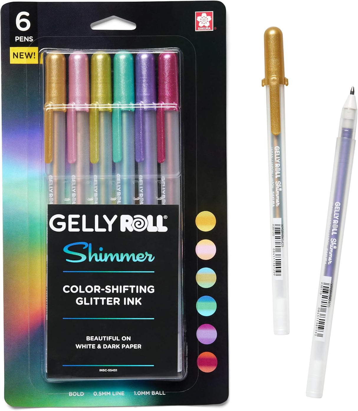 Shimmer’s color-shift gel ink transforms at different angles, revealing new hues as light shifts.
This dynamic ink writes beautifully on white & dark paper, comes in bold tip size, and delivers Gelly Roll® ‘s signature smooth writing every time. Perfect to add a magical twist to card making, scrapbooks, journals, notes, crafts and more!
Experience our mesmerizing GELLY ROLL® SHIMMER ink in 6 multidimensional shades: Copper, Pink, Fresh Green, Aqua Green, Purple, Red Violet.