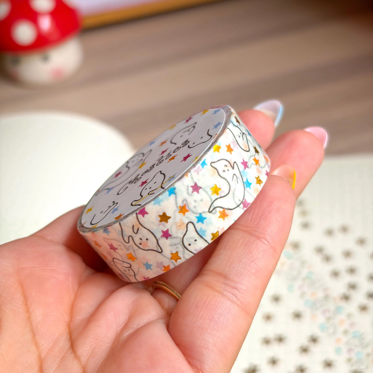 Add some color to your journal and crafts with this cute gold foiled ghostie washi tape designed by Veronica!
Perfect for crafts, journaling, snail mail, and more.
Size: 15mm x 10m