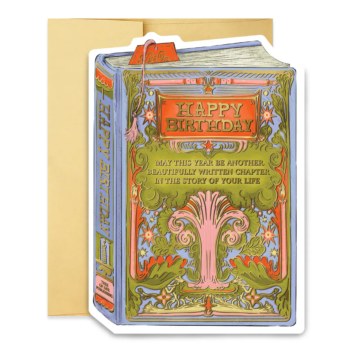 A bookish birthday card for lovers of stories and symbolism. This periwinkle card features a lush, gold-foiled tree with an open book at its roots and the message “May this year be another beautifully written chapter in the story of your life.” A thoughtful and elegant foil-pressed stationery piece.
Product Details:
- Dimensions: 5" x 7"
- Die-cut antique book-style design
- Hand-illustrated with gold foil details
- Blank interior
- Offset and foil printed
- Comes with envelope