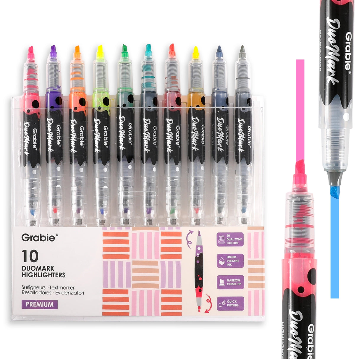 Unleash your creativity with the Grabie DuoMark Highlighter Set. This innovative set redefines highlighting by offering 20 vibrant, dual-tone colors in a compact and portable package. Designed for students, professionals, and artists alike, these highlighters are more than just a tool—they're a gateway to vivid and organized expression. Elevate your notes, journals, and art projects with a single set that offers endless possibilities.
20 DUAL TONE COLORS - Get the ultimate color palette with a set of 10 h