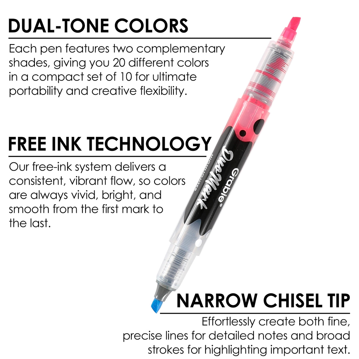 Unleash your creativity with the Grabie DuoMark Highlighter Set. This innovative set redefines highlighting by offering 20 vibrant, dual-tone colors in a compact and portable package. Designed for students, professionals, and artists alike, these highlighters are more than just a tool—they're a gateway to vivid and organized expression. Elevate your notes, journals, and art projects with a single set that offers endless possibilities.
20 DUAL TONE COLORS - Get the ultimate color palette with a set of 10 h