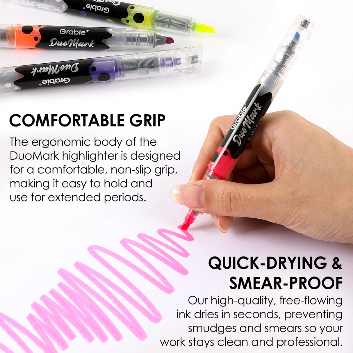 Unleash your creativity with the Grabie DuoMark Highlighter Set. This innovative set redefines highlighting by offering 20 vibrant, dual-tone colors in a compact and portable package. Designed for students, professionals, and artists alike, these highlighters are more than just a tool—they're a gateway to vivid and organized expression. Elevate your notes, journals, and art projects with a single set that offers endless possibilities.
20 DUAL TONE COLORS - Get the ultimate color palette with a set of 10 h