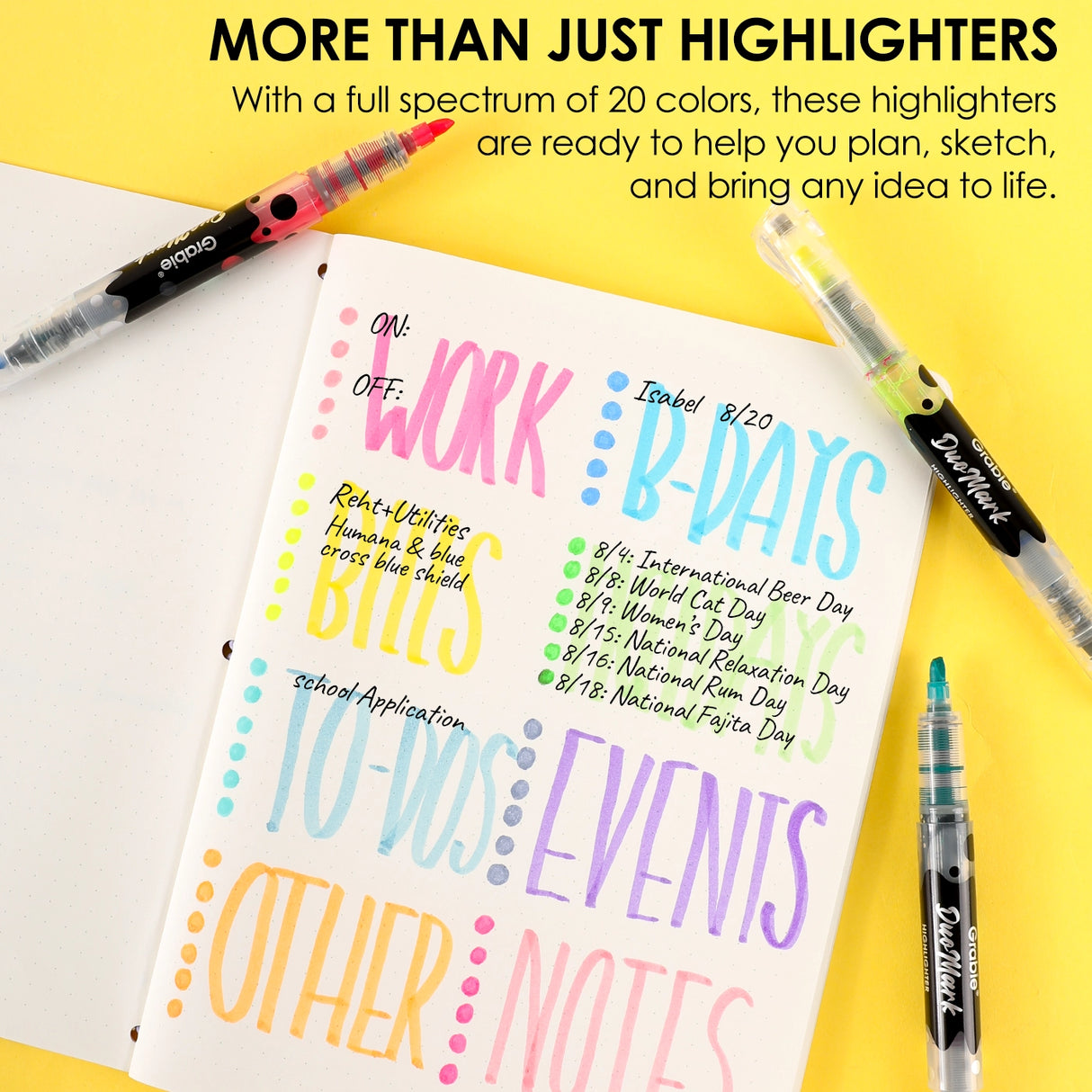 Unleash your creativity with the Grabie DuoMark Highlighter Set. This innovative set redefines highlighting by offering 20 vibrant, dual-tone colors in a compact and portable package. Designed for students, professionals, and artists alike, these highlighters are more than just a tool—they're a gateway to vivid and organized expression. Elevate your notes, journals, and art projects with a single set that offers endless possibilities.
20 DUAL TONE COLORS - Get the ultimate color palette with a set of 10 h