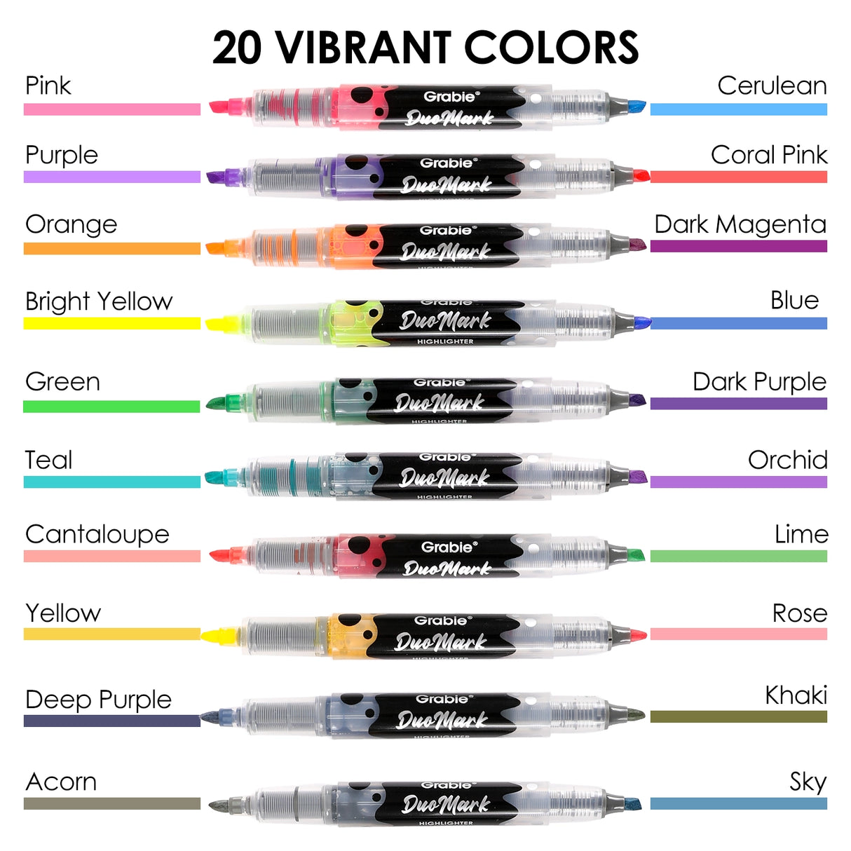 Unleash your creativity with the Grabie DuoMark Highlighter Set. This innovative set redefines highlighting by offering 20 vibrant, dual-tone colors in a compact and portable package. Designed for students, professionals, and artists alike, these highlighters are more than just a tool—they're a gateway to vivid and organized expression. Elevate your notes, journals, and art projects with a single set that offers endless possibilities.
20 DUAL TONE COLORS - Get the ultimate color palette with a set of 10 h