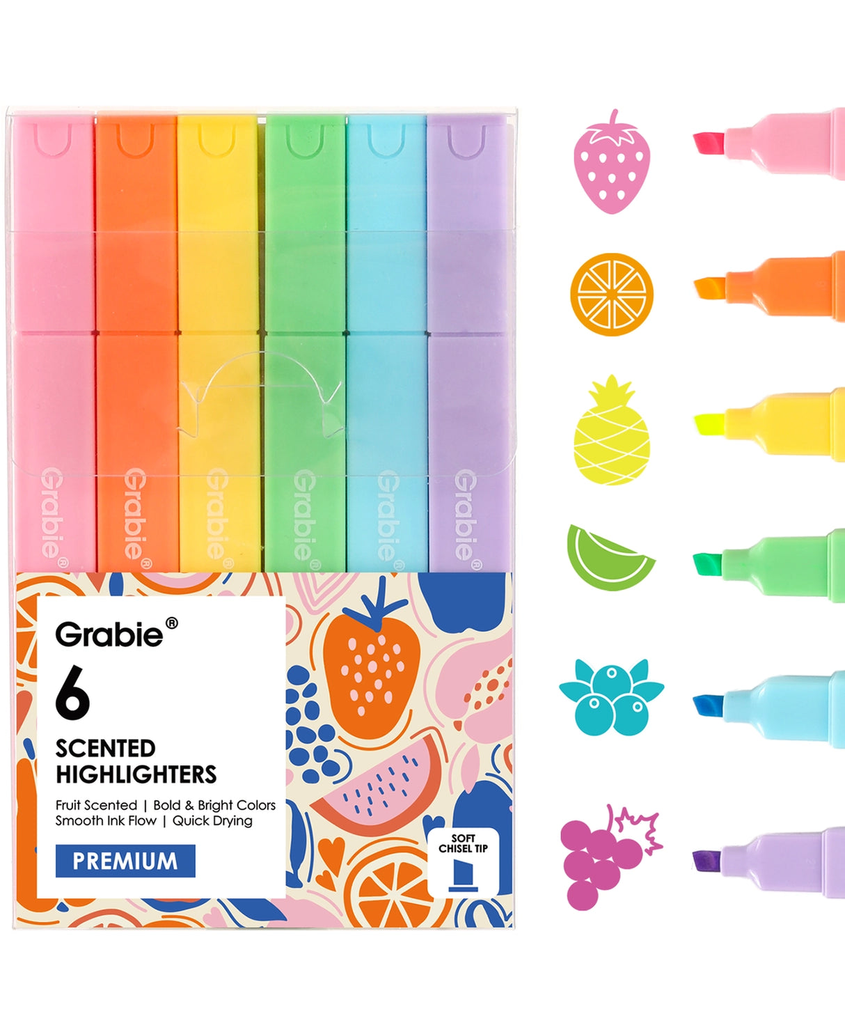 Add a pop of vibrant color and a burst of fruity fragrance to your notes with the Grabie 6 Scented Highlighters set! These premium highlighters combine bold neon inks with a smooth, smudge-free formula that is perfect for studying, planning, and creative journaling.
6 DELICIOUS FRUIT SCENTS - Make your notes smell as good as they look! Each of the six highlighters features its own unique, delightful fruit fragrance corresponding to its neon color: strawberry, orange, lemon, apple, blueberry, and grape.
FAS