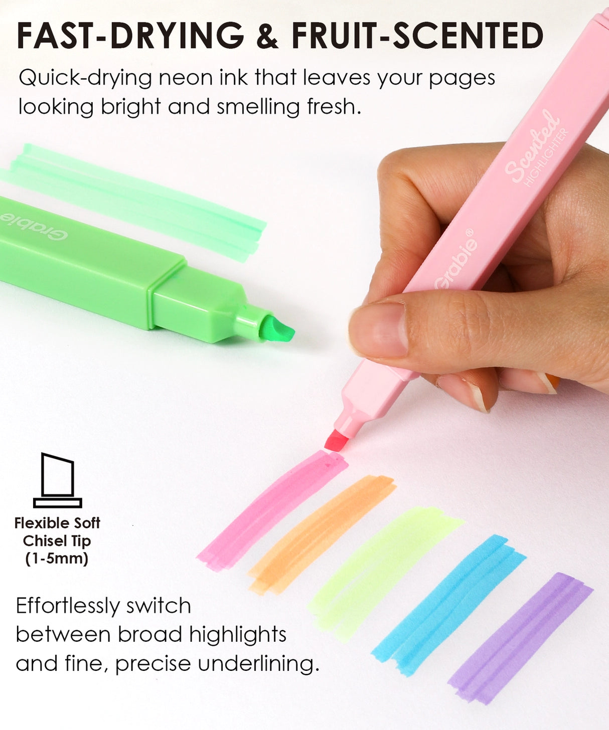 Add a pop of vibrant color and a burst of fruity fragrance to your notes with the Grabie 6 Scented Highlighters set! These premium highlighters combine bold neon inks with a smooth, smudge-free formula that is perfect for studying, planning, and creative journaling.
6 DELICIOUS FRUIT SCENTS - Make your notes smell as good as they look! Each of the six highlighters features its own unique, delightful fruit fragrance corresponding to its neon color: strawberry, orange, lemon, apple, blueberry, and grape.
FAS